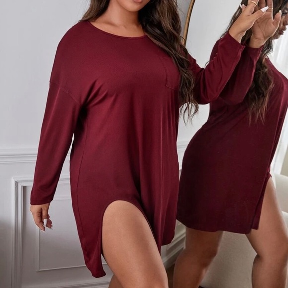 Plus Patched Pocket Drop Shoulder Slit Thigh Nightdress - Picture 3 of 6